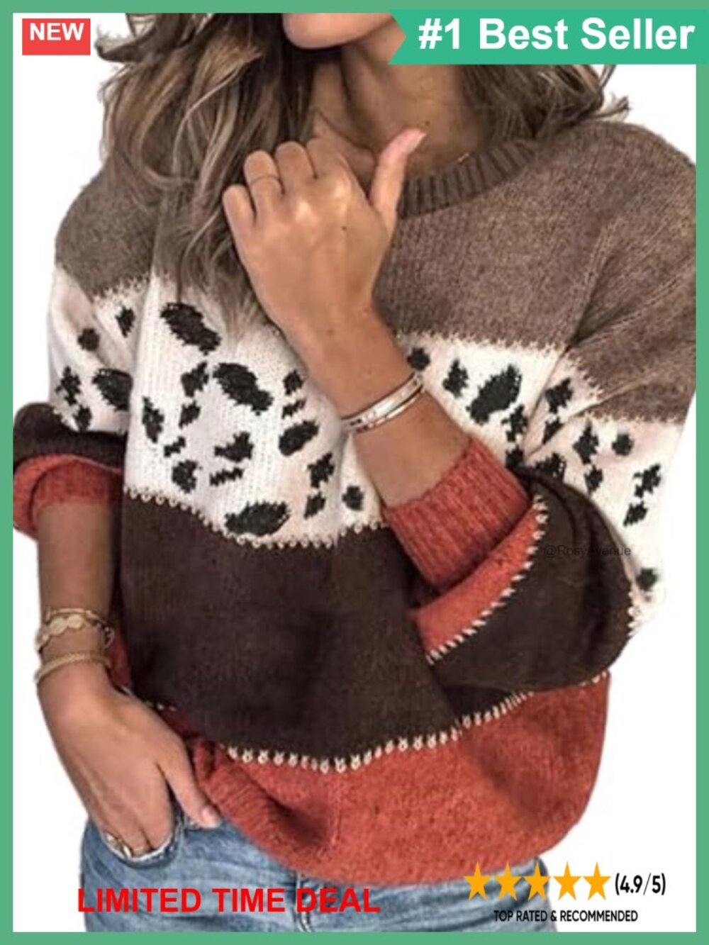 Women's Crewneck Color Block Pullover Knit Sweater Long Sleeve